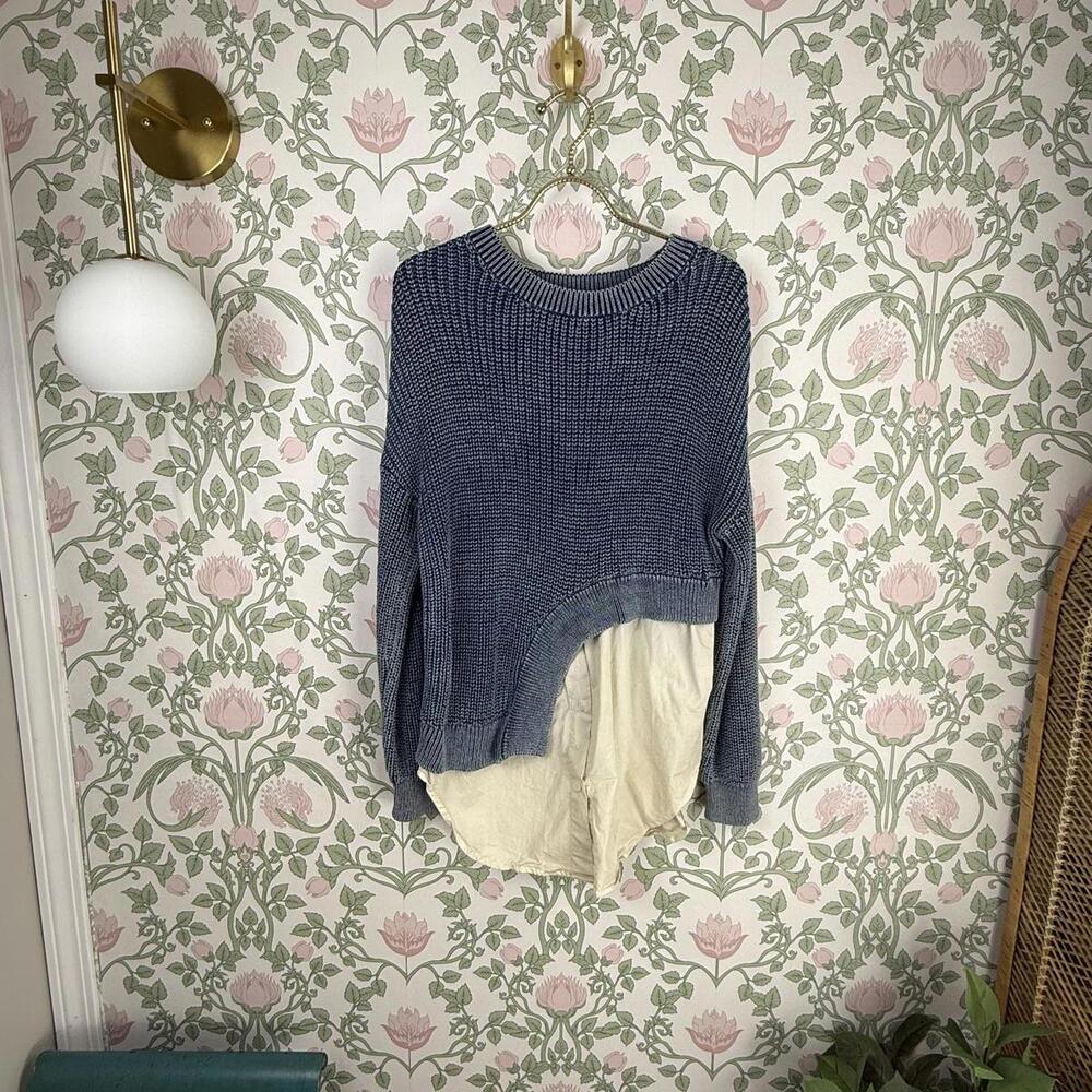 Pilcro Navy Blue and Cream Layered Crewneck Sweater